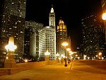 Looking down Wacker Drive towards Wrigley Building and Chicago Tribune